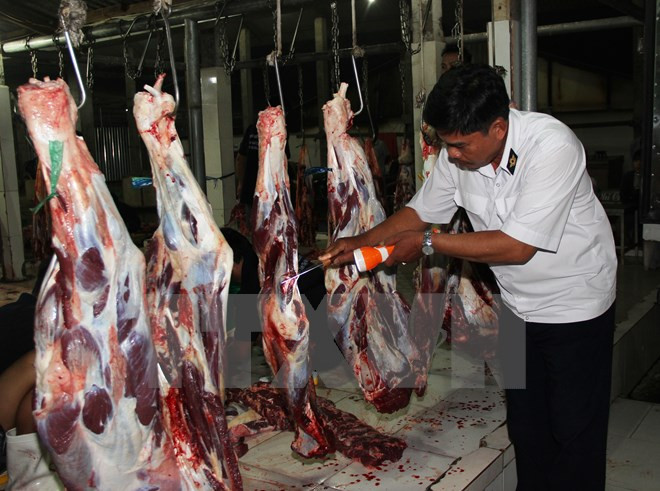 Kiểm tra an toàn vệ sinh thực phẩm tại một cơ sở giết mổ gia súc ở ấp Suối Cao A, xã Thạnh Đức, huyện Gò Dầu, Tây Ninh.