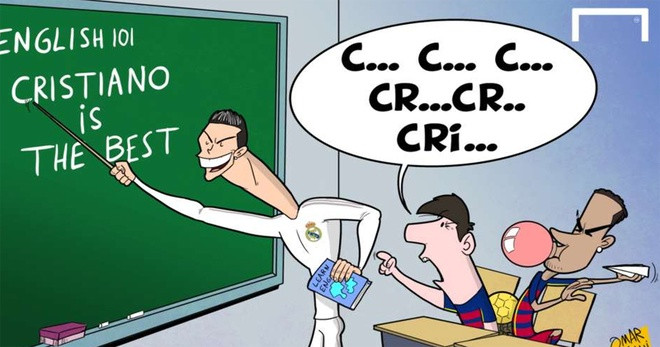 Theo Omar Momani, Ronaldo có thể mở lớp dạy tiếng Anh cho Messi và Neymar. Tiền đạo này sẽ dạy nói câu: 