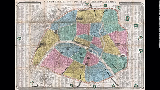 24 quận của Paris, năm 1863 - Đây là tác phẩm của J.N. Henriot chỉ 3 năm sau thời điểm Napoleon II mở rộng ranh giới của thành phố, cho thấy Paris đã được phân chia thành 24 quận như hiện nay. Tấm bản đồ có thể gấp gọn bỏ túi. Được sắp xếp theo dạng xoáy trôn ốc với 4 màu sắc nhã nhặn, thiết kế này được biết đến với tên gọi “ốc sên” và là hình mẫu cho các bản đồ du lịch sau này đối với các không gian thành thị trên toàn cầu.