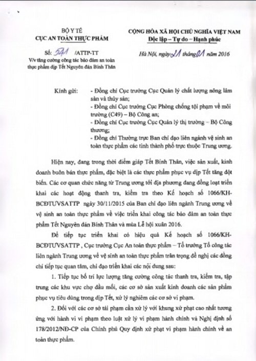 Công văn của Cục An toàn thực phẩm gửi các đơn vị đề nghị tăng xử phạt vi phạm về an toàn thực phẩm theo Nghị định 178/ 2013 của Chính phủ