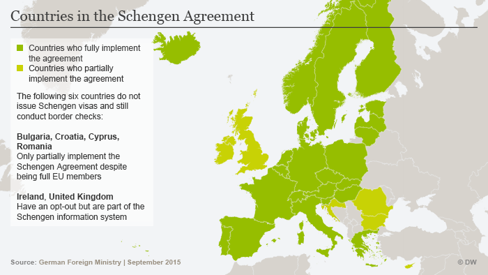 Các thành viên của Hiệp định Schegen. 6 nước bao gồm Bulgaria, Croatia, Cyprus, Romania, Ireland và Vương quốc Anh không cấp thị thực Schegen và vẫn tiến hành kiểm soát biên giới. Ảnh: DW.
