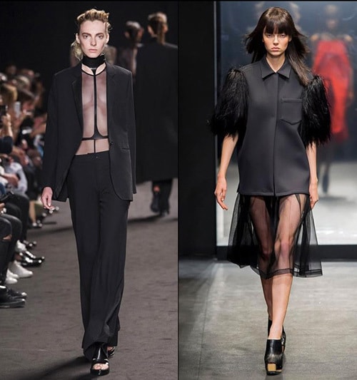 Theo như quan điểm của Ann Demeulemeester và Vera Wang, mốt xuyên thấu vẫn có thể kết hợp ăn ý với trang phục nam tính có phom dáng đứng như suit hay áo khoác blazer, nhất là khi chúng cùng mang màu đen. Điều đó càng tăng thêm sự cân bằng giữa tính nam và tính nữ trong phong cách