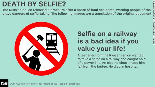 Chụp tự sướng trên đường ray chẳng phải ý hay nếu bạn còn quý trọng mạng sống của bản thân! Một thiếu niên tại khu vực Ryazan muốn chụp bức ảnh selfie trên đường ray và vô tình chạm phải đường dây điện, bị điện giật và ngã văng khỏi cây cầu đang đứng. Cậu thiếu niên này sau đó đã qua đời trong bệnh viện.