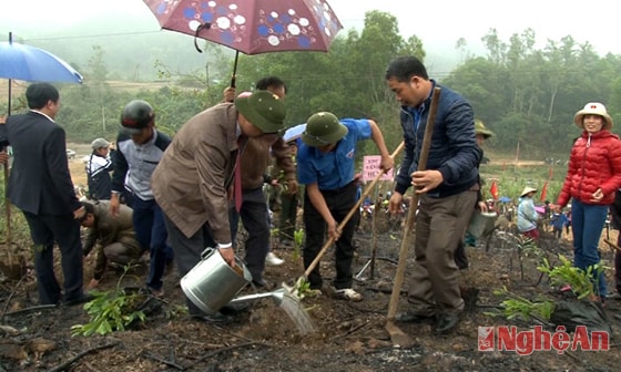 Lãnh đạo huyện Nam Đàn trồng cây tại lễ phát động.