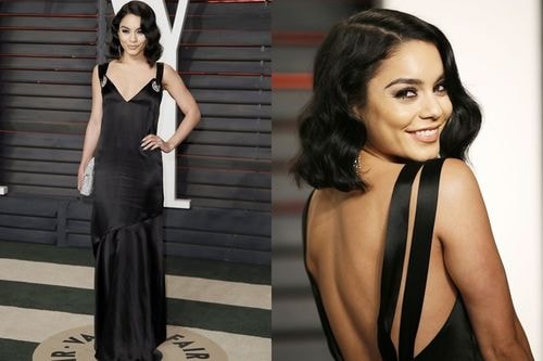 Vanessa Hudgens khoe lưng trong bộ váy đen dáng suông của thập niên 1920.