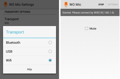 Thiết lập kết nối smartphone với máy tính thông qua Wi-Fi và giao diện chính của WO Mic (phải).