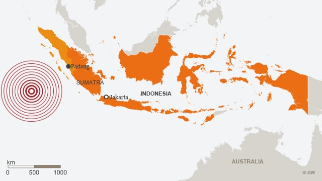 Tâm chấn trận động đất mạnh 7,9  độ richter hôm 2/3 tại Indonesia. Ảnh: DW.
