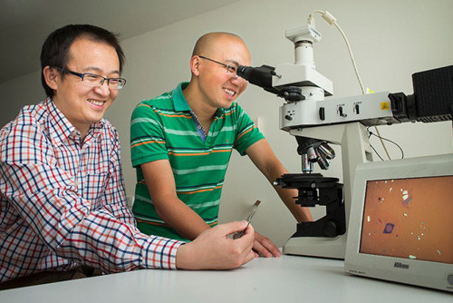Ảnh: Hai nhà khoa học Yuerui “Larry” Lu và Jiong Yang – đồng tác giả của loại thấu kính mỏng nhất thế giới hiện nay. Ảnh: ANU/Stuart Hay.