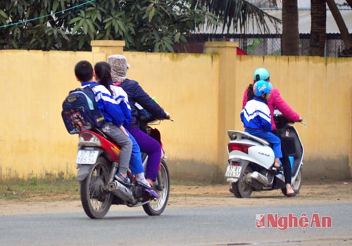  Nhiều phụ huynh đi xe chở 3 không đội mũ bảo hiểm cho mình và các em nhỏ ngồi sau.