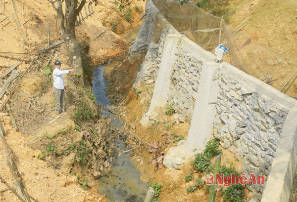 Ông Lê Viết Tùng bên con mương và bức tường rào mà ông Nguyễn Văn Kỳ xây dựng.