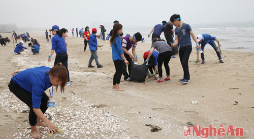 Thanh niên phường Thu Thuỷ tham gia gom rác trên bãi biển