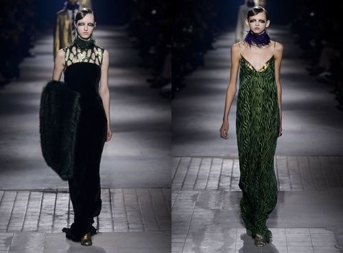 Nhà thiết kế người Bỉ - Dries van Noten - theo đuổi vẻ sang trọng, quý phái với hai mẫu đầm maxi có tông ngọc lục bảo.