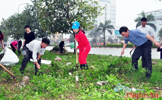 Đính thân Hiệu trưởng và cán bộ, giảng viên,nhân viên Trường cao đẳng dạy nghề kinh thế - kỷ thuật spos 1 Nghệ An trực tiếp làm vệ sinh trên vỉa hè đường Lê Nin, đoạn trước khuôn viên nhà trường