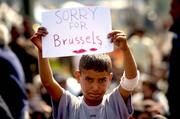 Một bé trai dương cao tờ giấy ghi dòng chữ “Sorry for Brussels” tại một trại tị nạn ở biên giới Hy Lap – Macedonian. Ảnh: AFP