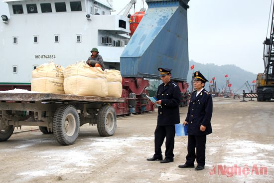 Lực lượng Hải quan Nghệ An kiểm tra xuất, nhập hàng hóa tại Cảng Cửa Lò.Ảnh: Hoàng Vĩnh