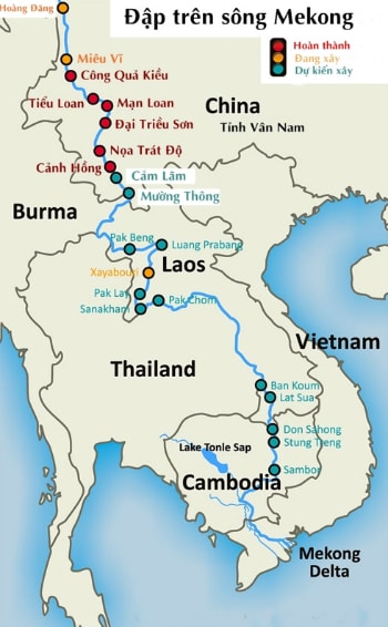 Các con đập đã hoàn thành, đang xây và dự kiến xây trên sông Mekong. Đồ họa: Michael Buckley