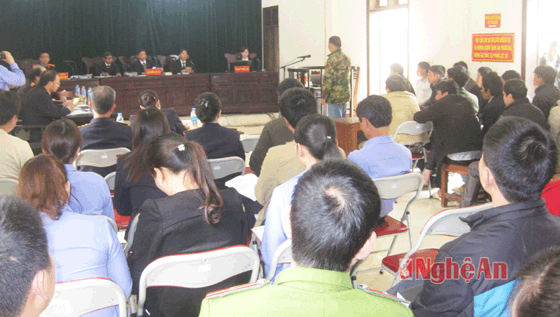 Toàn cảnh phiên tòa xét xử các lâm tặc khai thác trái phép gỗ Pơ Mu thuocj rừng đặc dụng Khu BTTN Pù Huống, địa bàn xã Quang Phong, huyện Quế Phong.