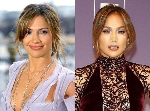 Jennifer Lopez cùng để một kiểu tóc và gương mặt ở thời điểm hiện tại không khác nhiều so với năm 2003 (trái).