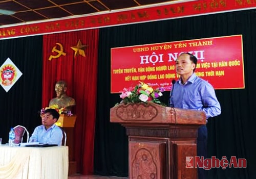 Ông Đặng Cao Thắng phát biểu tại Hội nghị tuyên truyền vận động lao động hết hạn hợp đồng tại Hàn Quốc về nước 