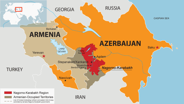 Hai quốc gia láng giềng Armenia và Azerbaija và vùng xung đột Nagorno-Karabakh (màu đỏ). Ảnh: Internet.