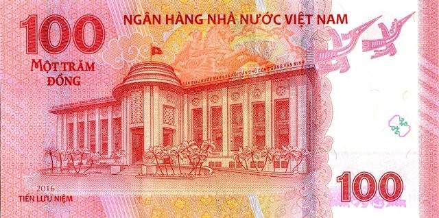 Mặt sau tờ tiền lưu niệm mệnh giá 100 đồng