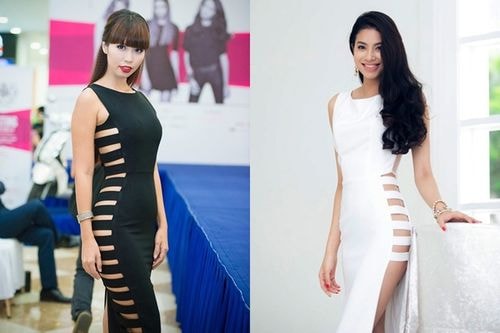 Hà Anh (trái) chọn đầm ôm dáng có phần khoét tựa dây đan ở một bên thân. Thiết kế này được nhiều người đẹp Việt trong đó có Phạm Hương ưa chuộng vì tạo nên vẻ quyến rũ theo phong cách nửa kín nửa hở. Trái với sắc đen huyền bí của Hà Anh, thiết kế váy trắng giúp Hoa hậu Hoàn vũ Việt Nam 2015 thêm phần thanh lịch.