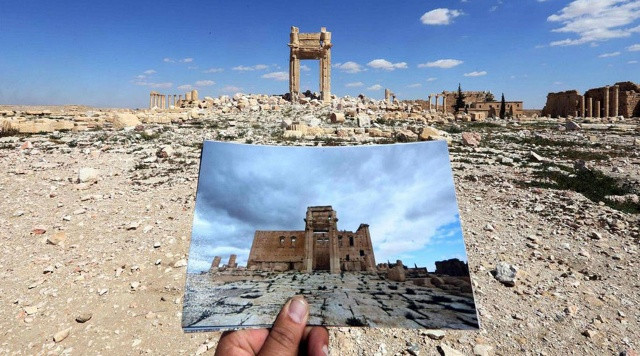 Palmyra trước và sau cuộc chiến Syria. Ảnh: AFP.