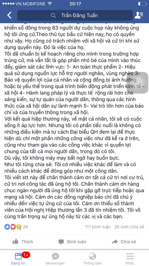 Facebook ông Trần Đăng Tuấn.