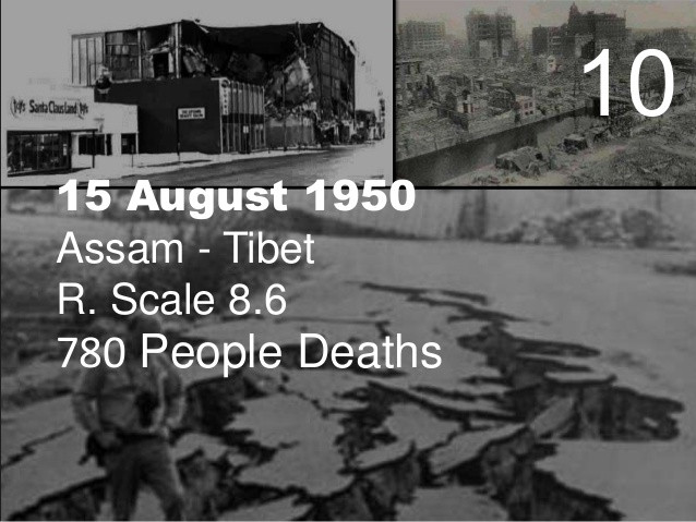  1 trận động đất mạnh 8,6 độ richter xảy ra tại Tibet và Assam ngày 15/8/1950 làm ít nhất 780 người thiệt mạng.