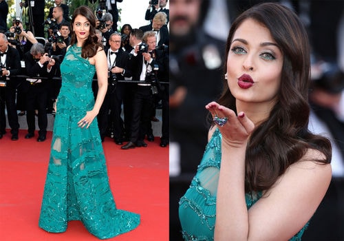 Aishwarya ấn tượng với đôi mắt kẻ xanh cùng tông màu váy.