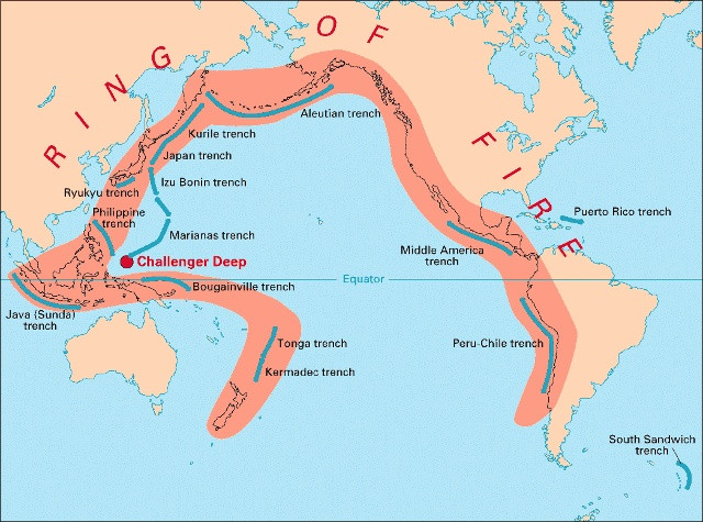 Vành đai núi lửa (đường màu đỏ) theo Hiệp hội địa lý quốc gia.