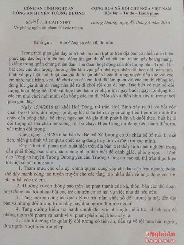 Công văn thông báo của Công an huyện Tương Dương. 