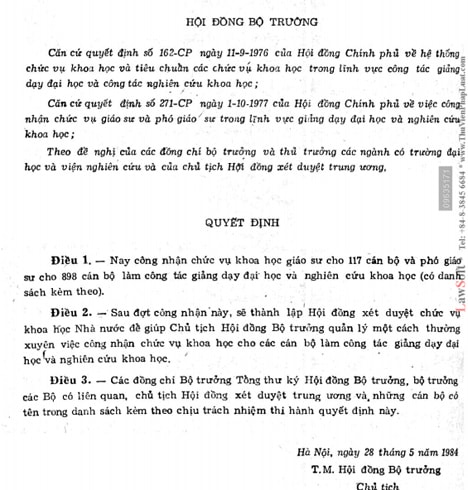 Quyết định số 81-HĐBT, ngày 28 tháng 5 năm 1984 về việc Công nhận chức vụ khoa học (đợt II) của Hội đồng Bộ trưởng, khi đó do Chủ tịch Hội đồng Bộ trưởng Phạm Văn Đồng ký.