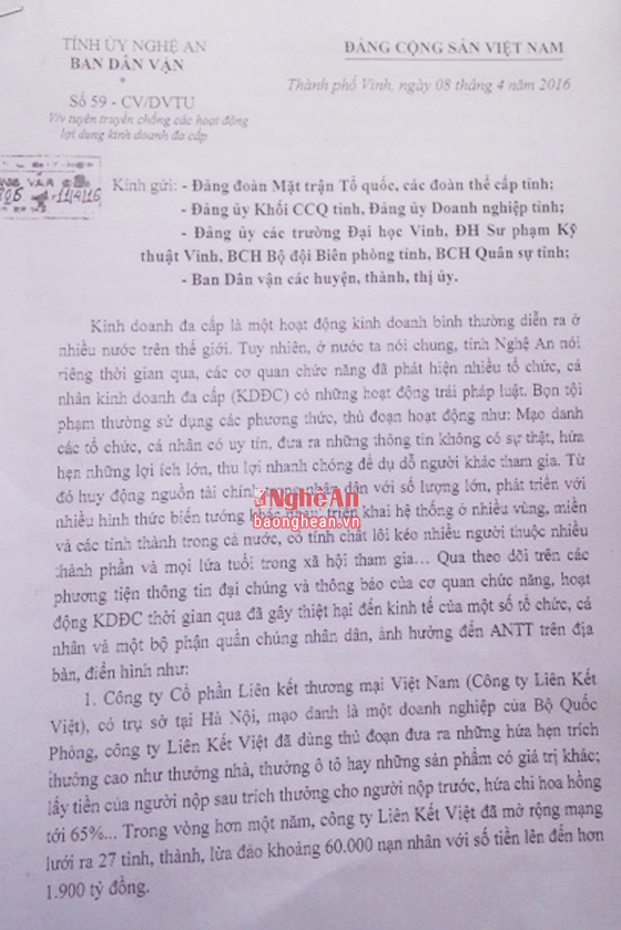 Công văn số 59 của Ban Dân vận Tỉnh ủy