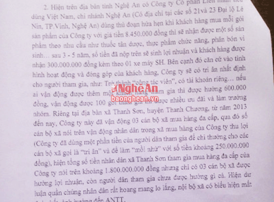 Thông tin về những hành vi của Công ty CP Liên minh tiêu dùng Việt Nam tại xã biên giới Thanh Sơn (Thanh Chương) mà Ban Dân vận Tỉnh ủy nêu tại Coong văn số 59.