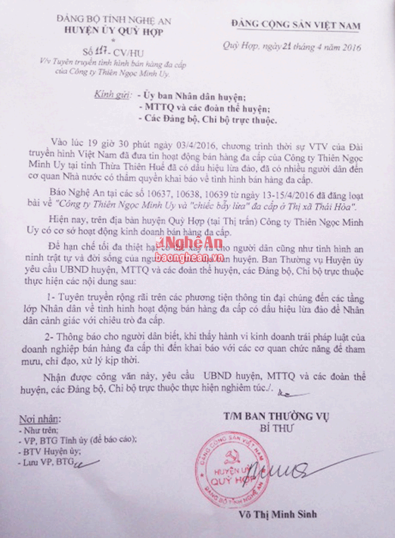 Công văn số 117 của Ban Thường vụ Huyện ủy Quỳ Hợp.