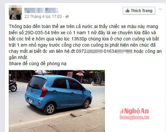 Dòng trạng thái và thông tin trên facebook có tên Nghệ An News về vụ bắt cóc khiến nhiều người quan tâm.