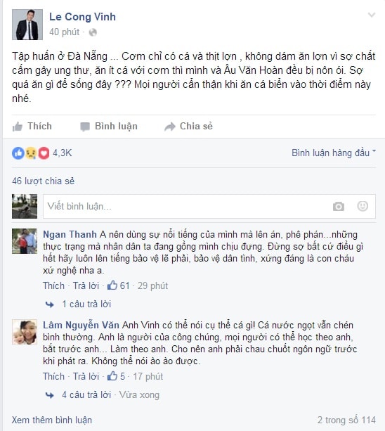 Dòng chia sẻ trên facebook cá nhân của cầu thủ Lê Quang Vinh.