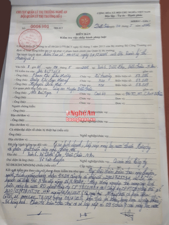 Biên bản kiểm tra số 0006301