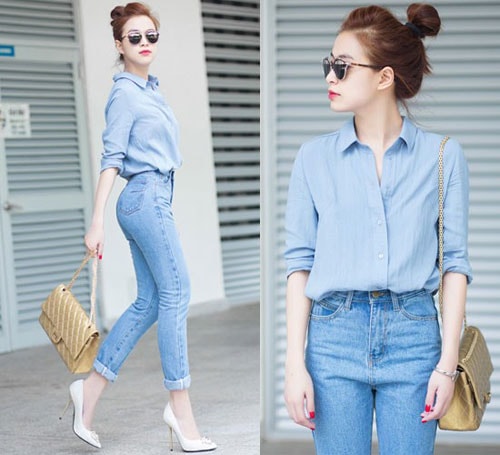 ... hoặc denim năng động như Hoàng Thùy Linh.