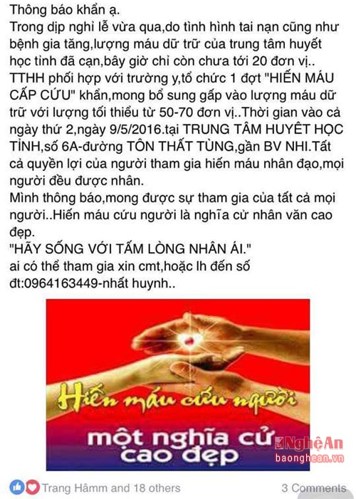 Thông điệp kêu gọi mọi người hiến máu của các sinh viên trường Đại học Y Vinh.