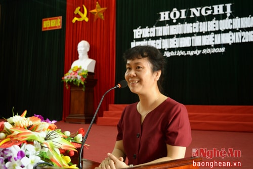 Bà Nguyễn Thị Vân Chi ứng cử viên đại biểu quốc hội khóa XIV trình bày báo cáo chương trình hành động với cửa tri.