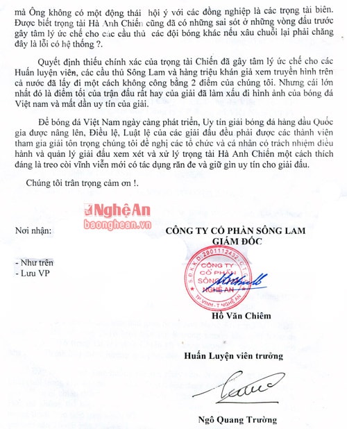 Nội dung công văn khiếu nại của SLNA gửi Ban tổ chức
