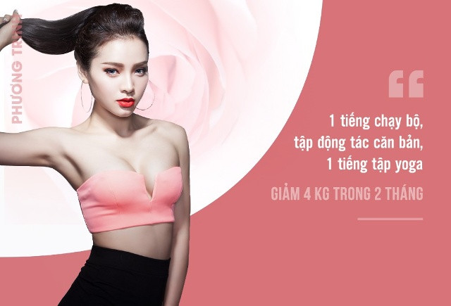 Nữ ca sĩ Phương Trinh từng giảm 4 kg trong 2 tuần nhờ chế độ ăn kiêng nghiêm ngặt và tập luyện chăm chỉ. Cô theo đuổi thực đơn nhiều rau và trái cây ít ngọt, không ăn thịt heo, bánh ngọt, kẹo hay thức ăn chiên xào, nhiều dầu mỡ, đồng thời, không ăn tinh bột trong thời gian dài. Bên cạnh đó, người đẹp chăm chỉ tập thể dục và dành 2 tiếng mỗi ngày để tập gym và yoga. 