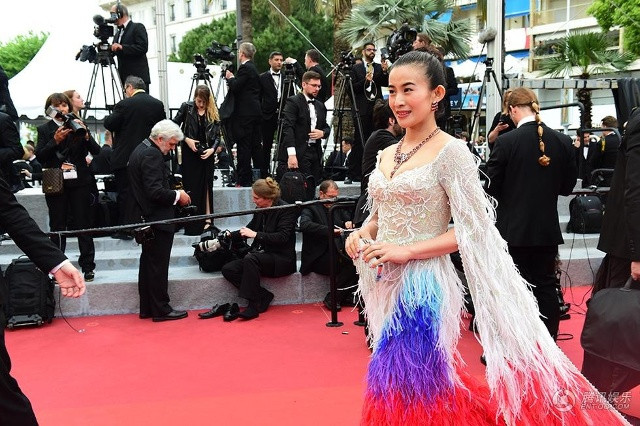 Theo IFeng, nữ diễn viên đến từ tỉnh Sơn Đông (Trung Quốc) xuất hiện sau cùng trên thảm đỏ khai mạc LHP Cannes lần thứ 69 diễn ra vào tối 11/5.