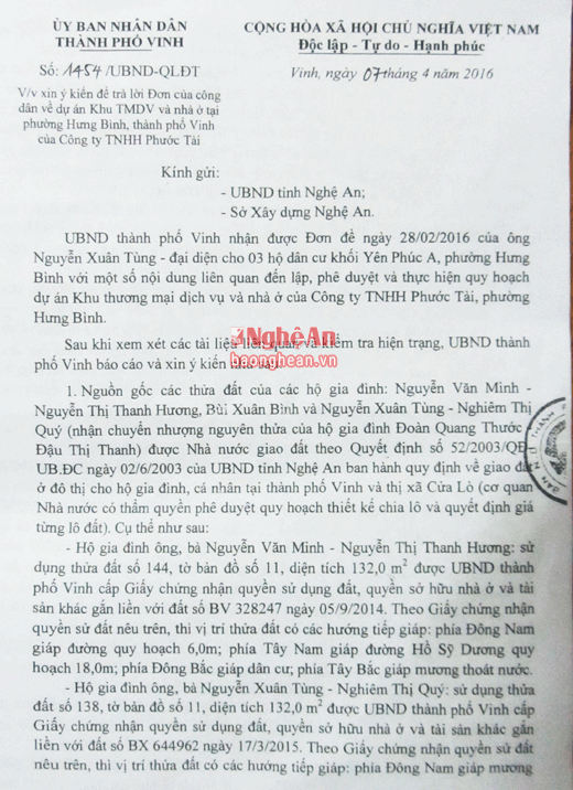 Công văn 1454 của UBND thành phố Vinh.