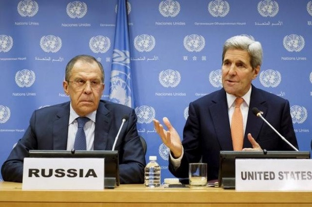 Ngoại trưởng Nga Lavrov và người đồng cấp Mỹ John Kerry trong cuộc hội thảo ở Trụ sở Liên hợp quốc tại New York, Mỹ. Ảnh: Reuters.