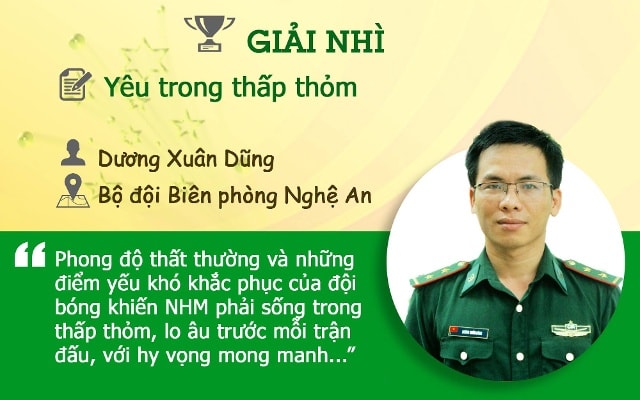 Đạt giải Nhì là tác giả Dương Xuân Dũng. Là một cán bộ biên phòng yêu bóng đá, đặc biệt thần tượng SLNA, Dương Xuân Dũng đã có nhiều bài viết trên các báo thể thao trong và ngoài tỉnh. Các bài viết của anh đều man tính xây dựng và đau đáu tâm sự với đội bóng quê hương.