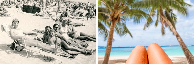 Bức ảnh đen trắng chụp một gia đình trên bãi biển đơn sơ đông người những năm trước. Bên cạnh đó là bức hình chụp đôi chân rám nắng của người phụ nữ ngày nay trên nền bãi biển nhiệt đới.