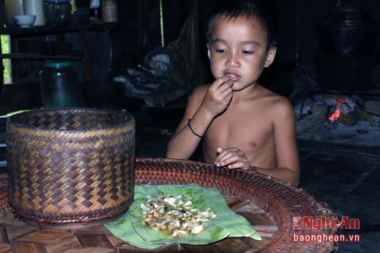 1 em bé Xốp Cắng ăn ngon lành với món xôi và cá suối.